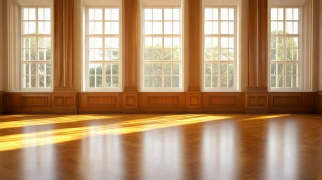 Sunlight wooden floor large window empty room natural light interior design bright spacious classic style polished floor warm atmosphere inviting bright spacious interior with classic architectural