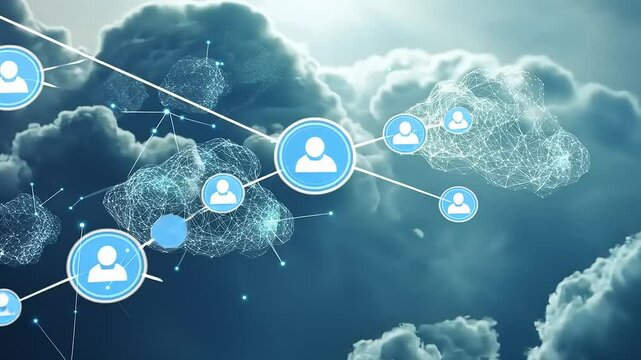 Digital network connections among people represented by icons, set against a cloudy sky backdrop - Powered by Adobe