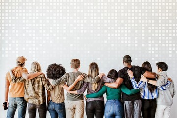 Obraz premium Rearview of diverse people hugging each other