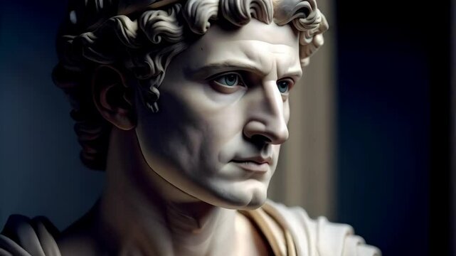 Marble bust of a male figure with curly hair and crown, evoking classical antiquity and sculpture style art
