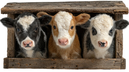 Fototapeta premium Three Playful Calves in Barn: Charming trio of adorable calves peek out playfully from a rustic wooden barn. Their gentle gazes and varied coat patterns evoke a sense of warmth and farm life.