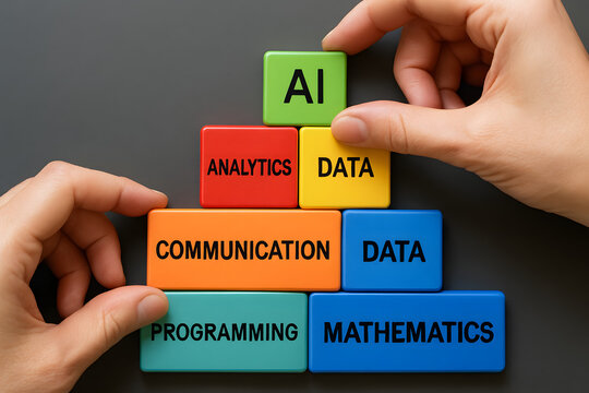 AI and Data Analytics: A Conceptual Representation of Technology and Data Science. Depicts hand arranging colorful blocks to showcase key concepts of ai, data, and related fields.
