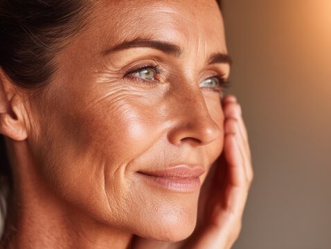A close-up of a mature woman gazing out with a touch of wonder, as the golden light gently caresses her face. This image reflects beauty, experience, and a sense of serenity.