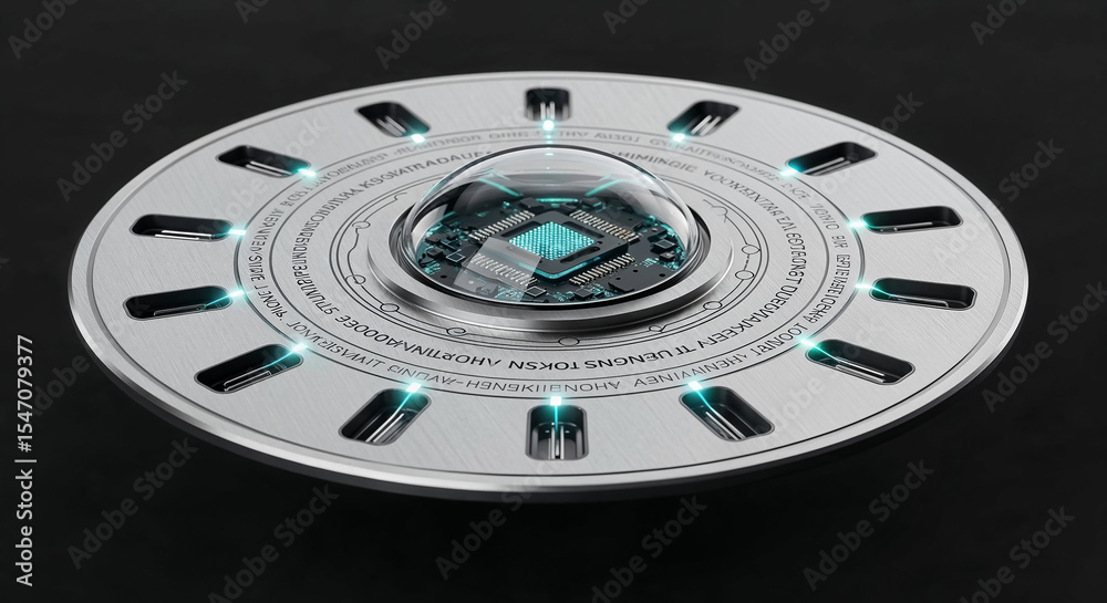 Poster Futuristic device emitting light beams with central processing unit