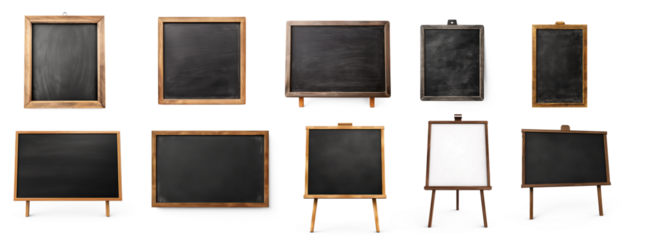 A collection of various blackboards and chalkboards with different sizes and designs, arranged in a grid pattern on a transparent background