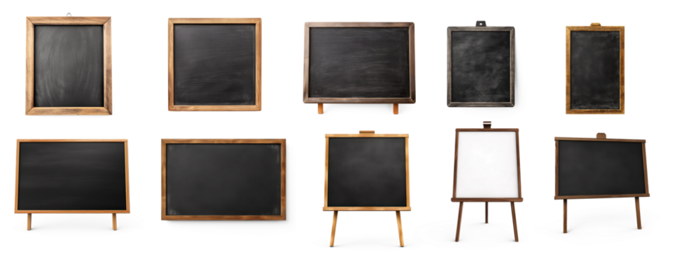 A collection of various blackboards and chalkboards with different sizes and designs, arranged in a grid pattern on a transparent background