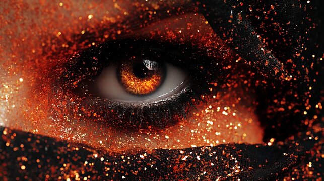 Close-up of an eye surrounded by fiery glitter and cosmic dust effects
