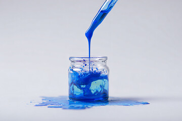 a blue liquid pouring into a glass jar