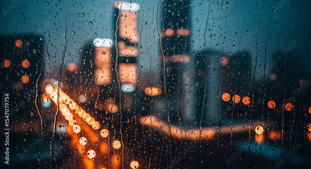 Poster rain falling on window with city skyline in background