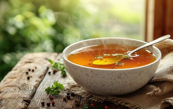 Rustic-style chicken broth with herbs near window