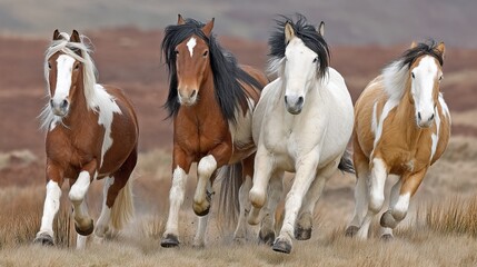 Obraz premium Four horses galloping across a grassy plain in a natural landscape