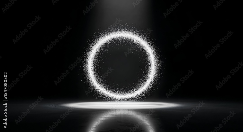 Poster Glowing circle floating in dark empty room with spotlight