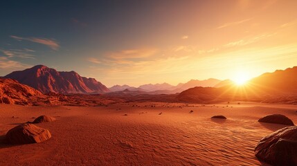 Naklejka premium Majestic Sunset Over Red Desert Landscape with Mountains and Rocks in the Background
