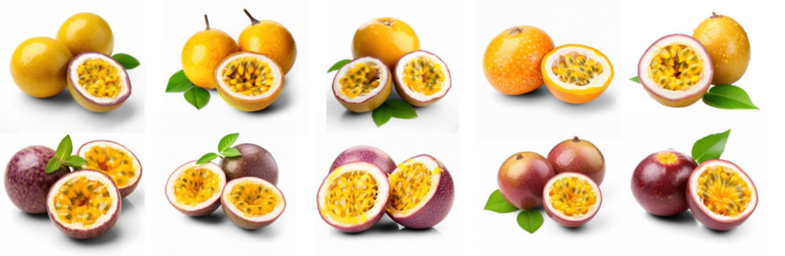 A collection of passion fruit images with various orientations and angles.