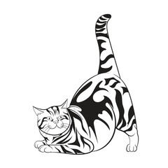 Detailed vector illustration of a black and white tabby cat stretching with raised tail. Ideal for print, coloring books, pet-themed designs, and minimalist animal artwork with an elegant pose.