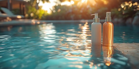 Lotion bottle mockup by poolside with sunlight reflections

