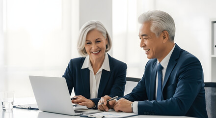 Collaboration and Professionalism: Two mature business people share a moment of focus and collaboration over a laptop.