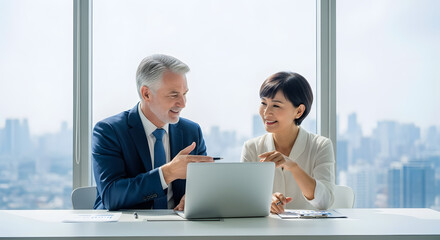 Focused Collaboration: Two professionals engaged in a focused collaboration at a modern office, the energy between them is palpable, the sunlight streams through the window.