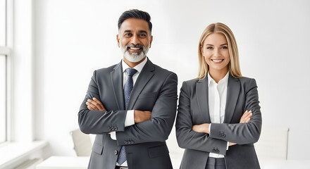 Confident Business Partners: Two successful business professionals, a man and a woman, stand confidently with arms crossed, showcasing their partnership and success.  