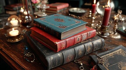 Vintage hardcover books stacked on a wooden table surrounded by candles and decorative items