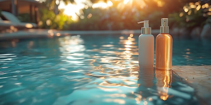 Lotion bottle mockup by poolside with sunlight reflections

