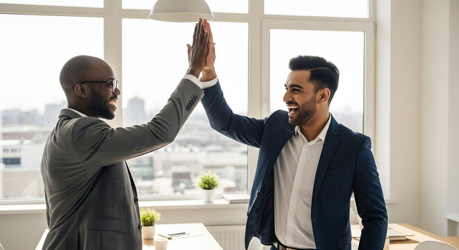 Business Partners High-Five: Two diverse business partners celebrate their success with a high-five in a modern office setting, embodying collaboration, teamwork, and accomplishment.