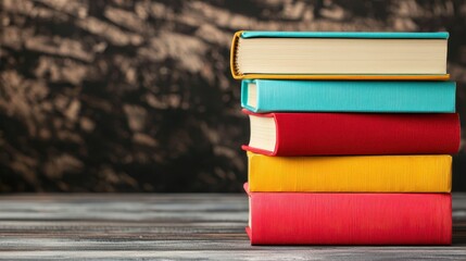 Colorful Stacked Books on Rustic Wooden Table with Textured Background for Academic or Literature Themes