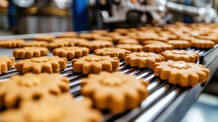 Freshly Baked Cookies on Conveyor Belt in Food Production Facility