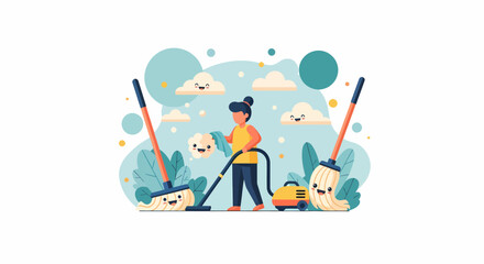 Woman Cleaning Home Using Vacuum Cleaner and Mop with Happy Faces