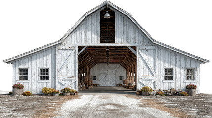 Fototapeta premium Rustic Barn's Open Door: A weathered white barn stands proudly, its grand entrance beckoning. The scene captures a sense of history, and an invitation into a world of rural charm.
