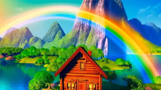 Anime video background beautiful view of paradise fantasy island with rainbow, lake, mountain, wooden house cartoon footage looping scenery, Generative AI
