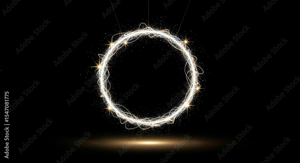 Aufkleber glowing round frame with sparkles and light rays on black background