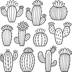 Blooming Cactus Doodle Set in Black and White Artistic Style