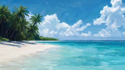 Fototapeta premium Serene Tropical Beach Scene with Palm Trees and Clear Blue Sky and Ocean Waves Under Bright Sunshine