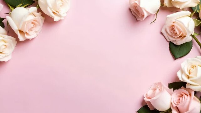 Floral arrangement with pink and white roses displayed in the corners of a pastel pink background and ample copy space in the center.