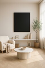 Modern living room interior with beige armchair, marble coffee table, and large black framed artwork