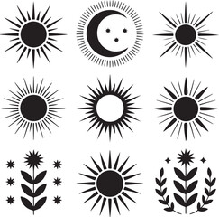 Celestial Boho Doodle Set with Sun Moon and Minimalist Plants in Line Art Style