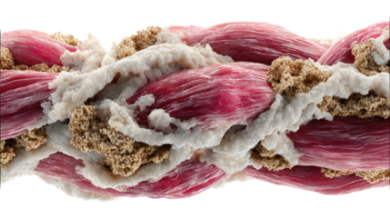 Muscular Fiber Composition: An detailed visualization of muscular fiber, capturing the intricate structure and layers of cells. Featuring the internal mechanics.
