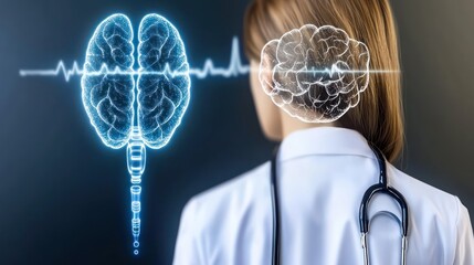 Medical professional looking at a graphic of a brain and brainwave activity.  Detailed graphic of brain anatomy and  EEG,  with a woman in medical attire