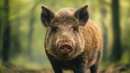 Close-Up of a Wild Boar in a Lush Forest Environment Capturing the Essence of Nature and Wildlife