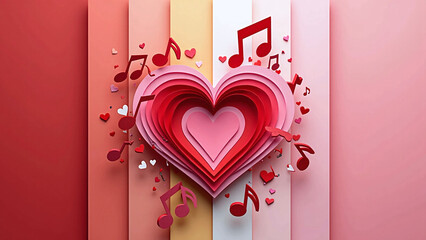 Layered pink and red heart with music notes and colorful background stripes.