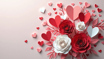 Paper cut red and white roses with heart-shaped leaves on pastel background.