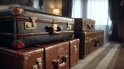 Vintage suitcases stacked in a cozy, well-lit room with curtains and soft lighting