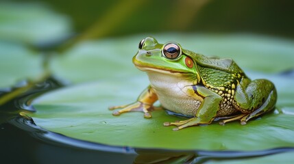 Naklejka premium Vibrant Green Frog Sitting on Lily Pad in Serene Pond Environment with Nature Background