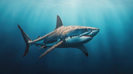 Obraz premium Majestic Great White Shark Swimming Gracefully Through Crystal Clear Ocean Waters in Sunlit Depths