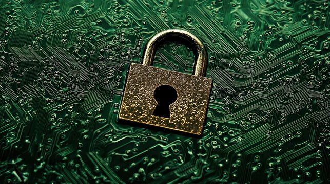 A padlock on a green circuit board with a keyhole in the center.