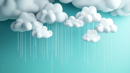 Contemporary weather graphic with floating cotton-like clouds, parallel rain streaks in light gray, calming turquoise backdrop, simplified meteorological illustration, harmonious composition, gentle