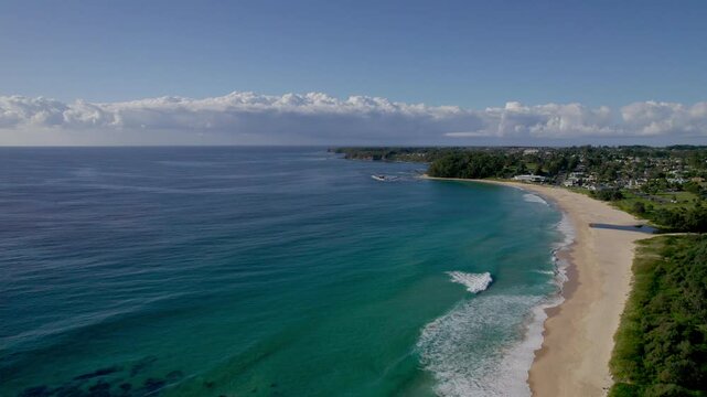 Aerial drone view of Mollymook Beach near Ulladulla, NSW. Crystal-clear turquoise water and clean shoreline highlight the natural beauty of Australia&rsquo;s South Coast.