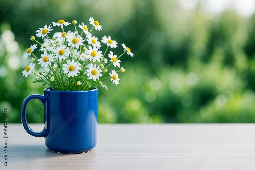 Poster bouquet of daisies in a blue mug on a wooden table with natural green bokeh background in soft dayli