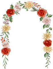 Watercolor Floral Arch: Red, Cream, & Gold Roses, Chrysanthemums